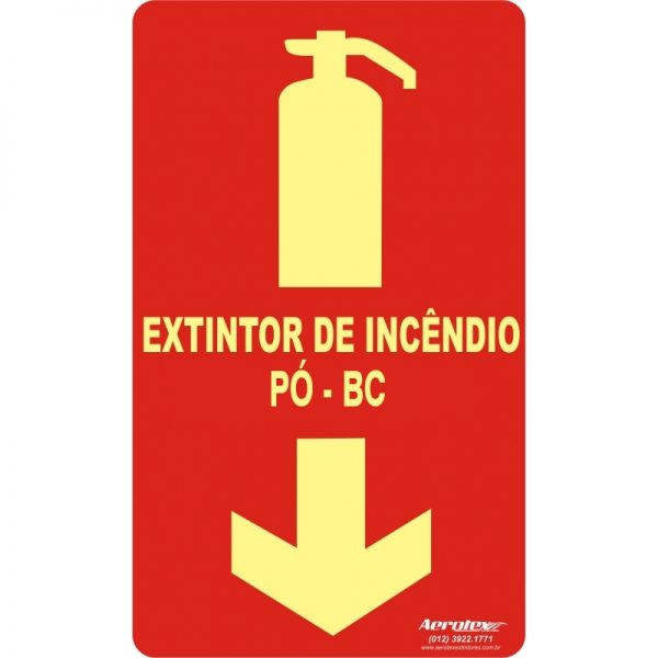 Placa Fotoluminescente Extintor Pó BC - Certificado Laudo IPT 25x15cm E5 - PF010